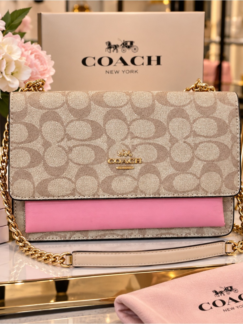 Coach Beige Signature Canvas Crossbody with Pink Accent